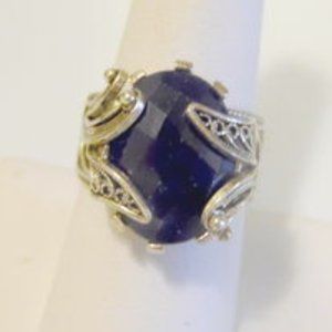 Ottoman Silver Jewelry Navy Blue Corundum Gemstone  2-Tier Ring Size 8